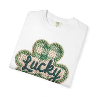 Lucky Shamrock Faux Knit - Comfort Colors | Trendy Men's and Women's T-Shirt. Direct to Garment. Printed & Shipped in the USA. Unisex Sizes.