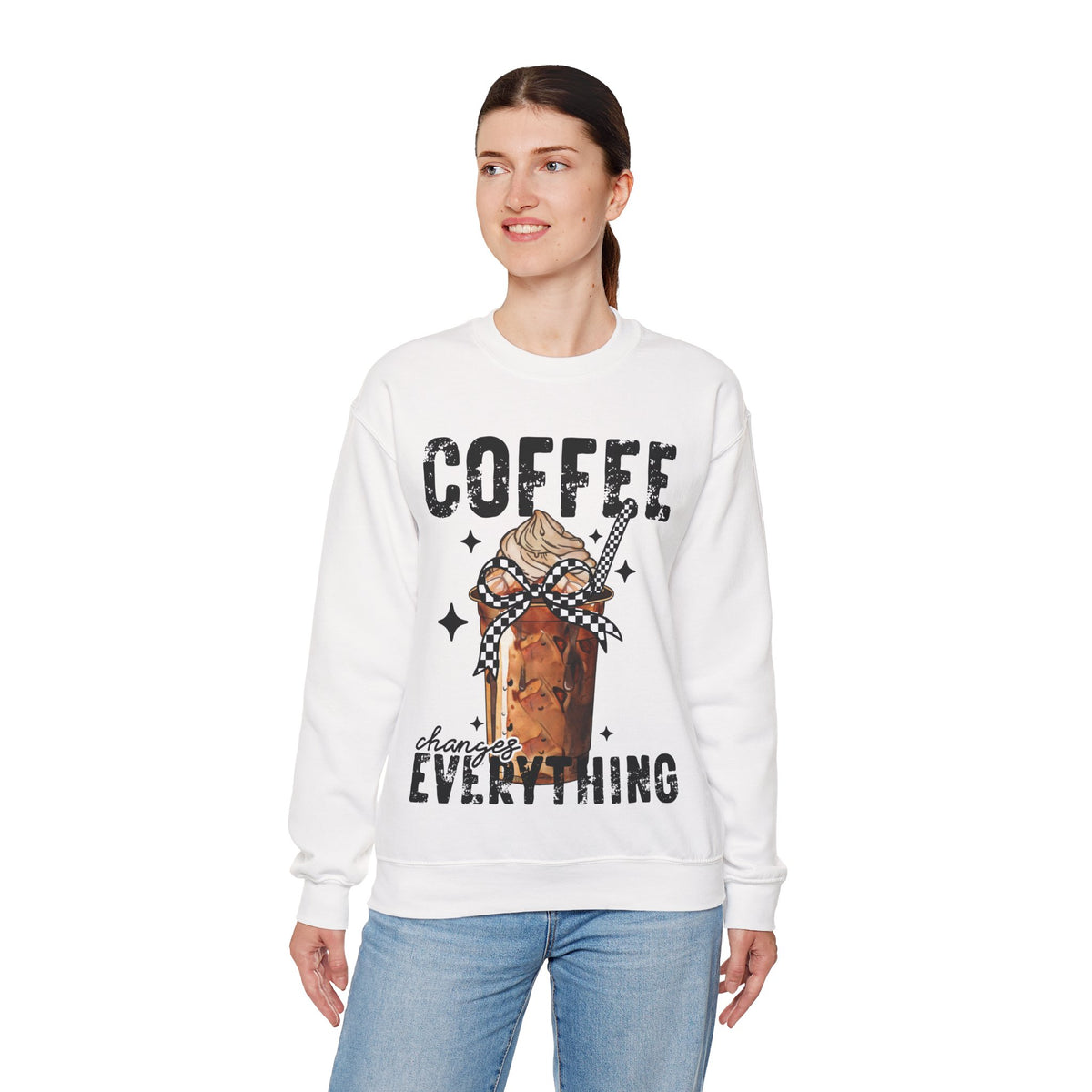 Coffee Changes Everything, Iced Coffee, Coffee Lovers – Gildan Heavy Blend | Trendy Women’s Soft Sweatshirt. Direct to Garment. Printed & Shipped in the USA. Unisex Sizes.
