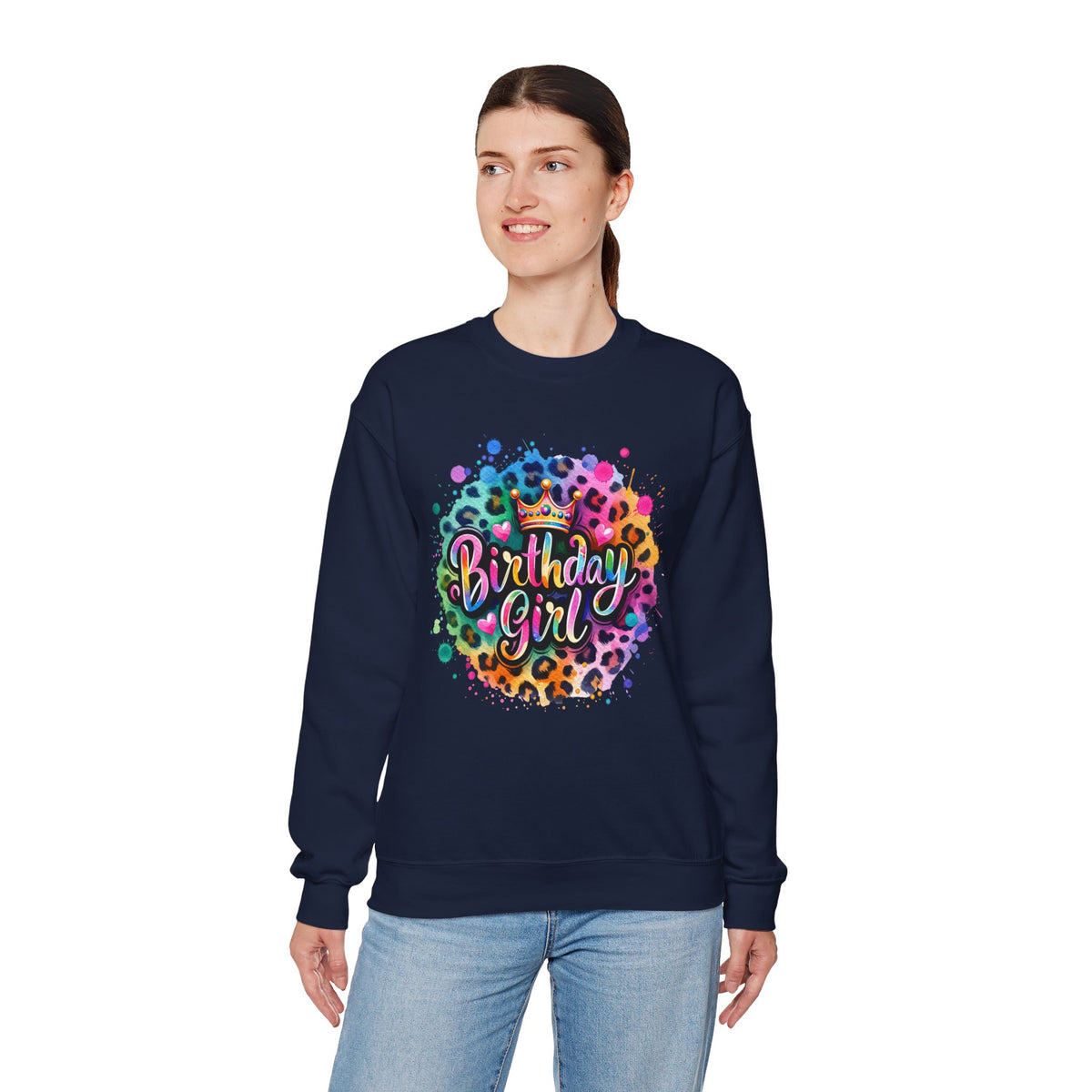 Birthday Girl, Neon Leopard – Gildan Heavy Blend | Trendy Women’s Soft Sweatshirt. Direct to Garment. Printed & Shipped in the USA. Unisex Sizes.