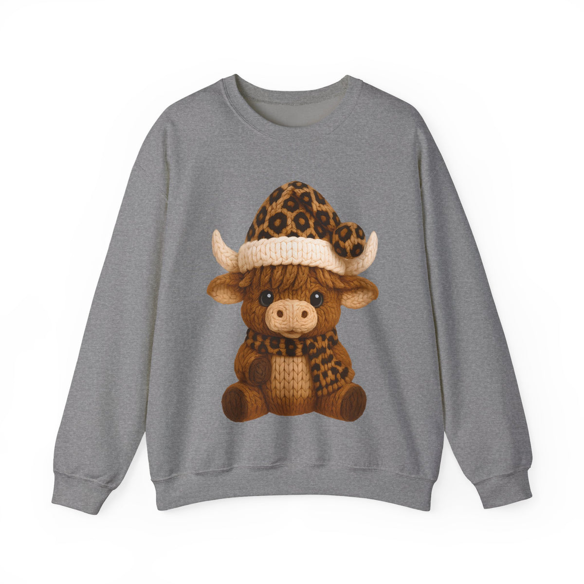Cute Highland Cow with Leopard Santa Hat Christmas – Gildan Heavy Blend | Trendy Women’s Soft Sweatshirt. Direct to Garment. Printed & Shipped in the USA. Unisex Sizes.