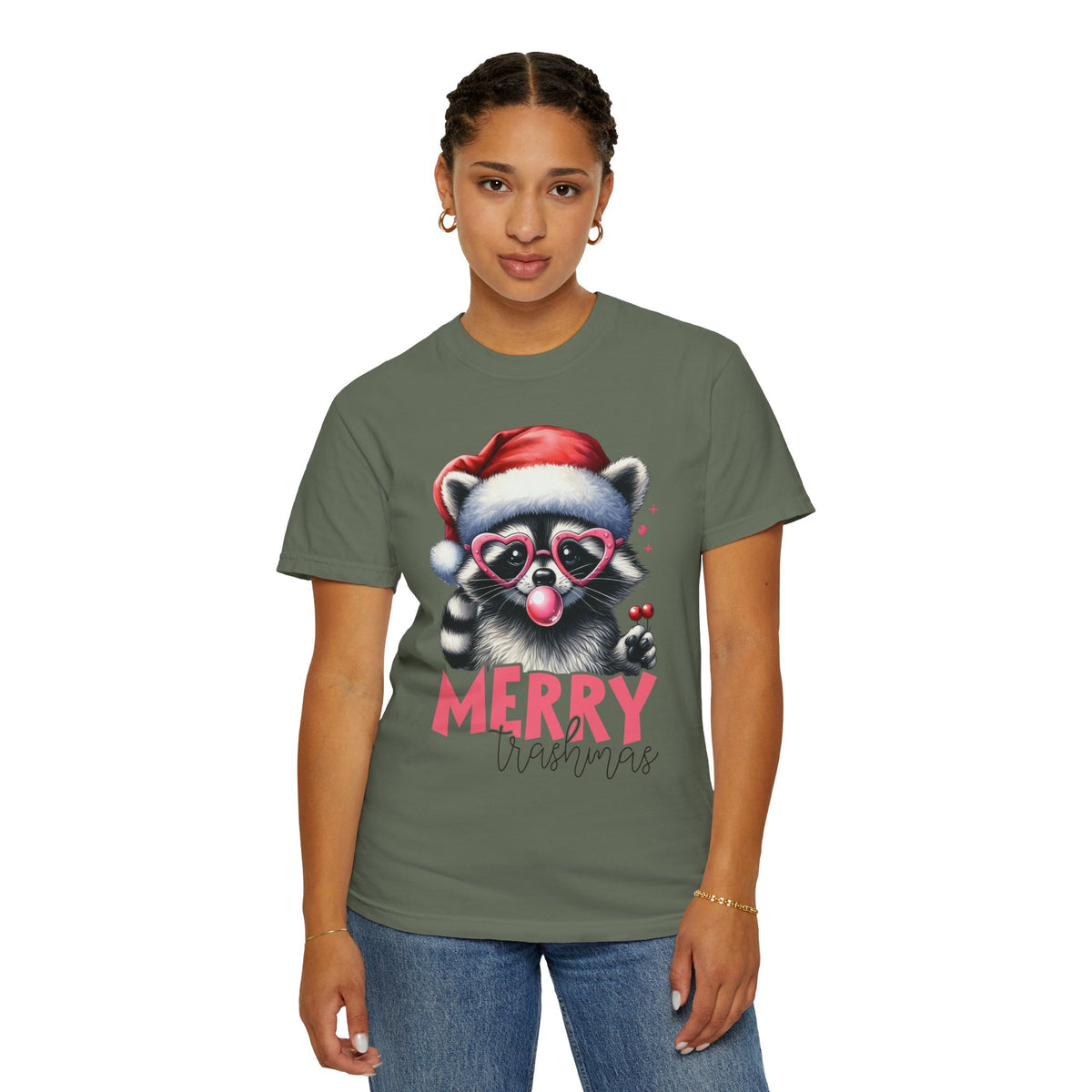 Merry Trashmas Bubblegum Raccoon w/Santa Hat Christmas - Comfort Colors | Trendy Women's T-Shirt. Direct to Garment. Printed & Shipped in the USA. Unisex Sizes.