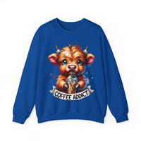 Coffee Addict Highland Cow Drinking Iced Coffee – Gildan Heavy Blend | Trendy Women’s Soft Sweatshirt. Direct to Garment. Printed & Shipped in the USA. Unisex Sizes.