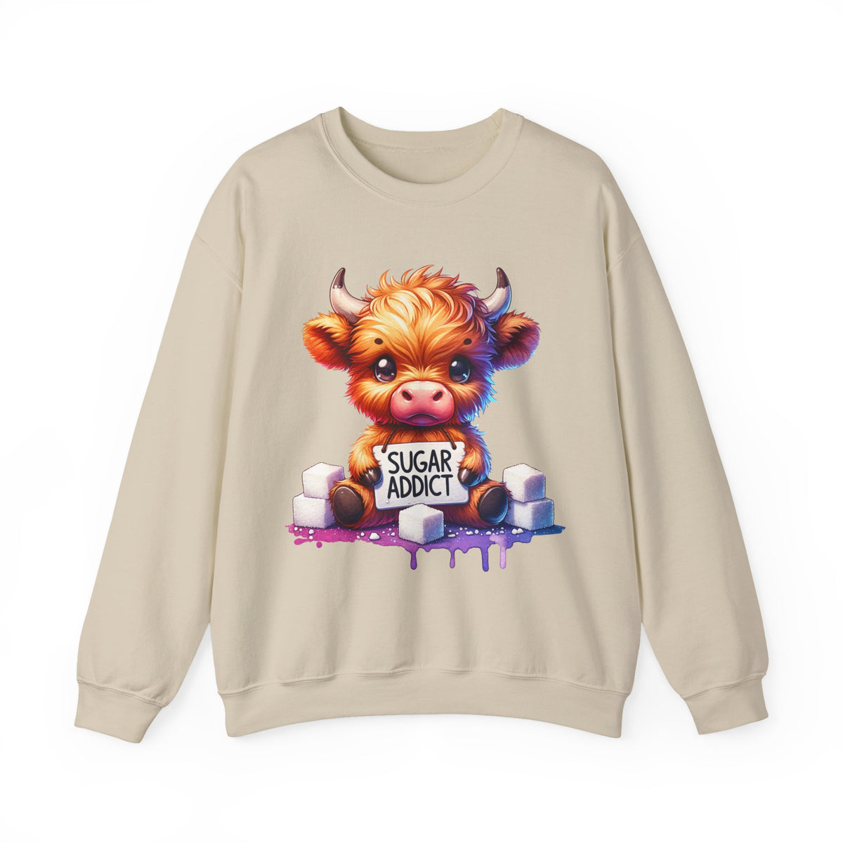 Sugar Addict Highland Cow – Gildan Heavy Blend | Trendy Women’s Soft Sweatshirt. Direct to Garment. Printed & Shipped in the USA. Unisex Sizes.
