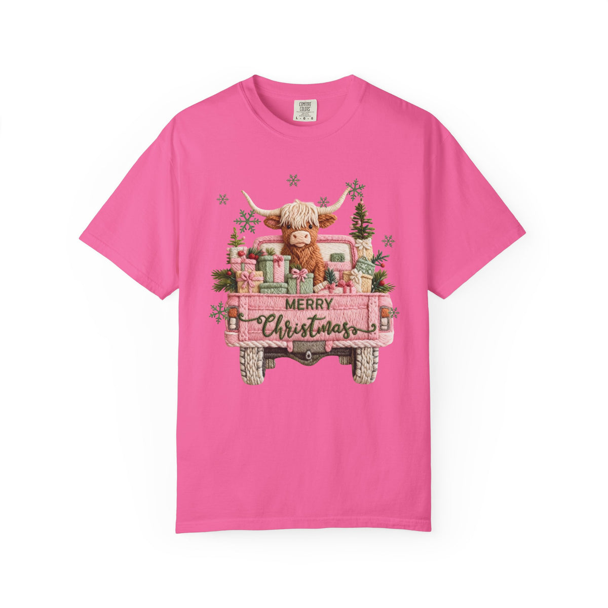 Highland Cow in Pink Truck Merry Christmas Holiday Farmhouse - Comfort Colors | Trendy Women's T-Shirt. Direct to Garment. Printed & Shipped in the USA. Unisex Sizes.