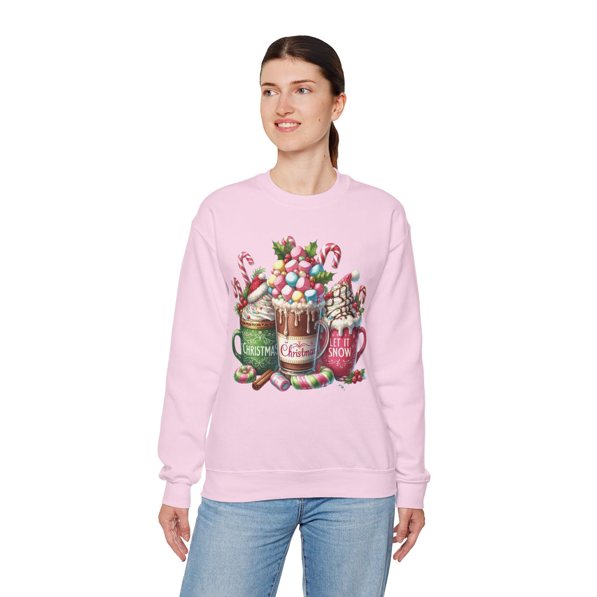 Hot Chocolate Mugs Christmas Hot Cocoa – Gildan Heavy Blend | Trendy Women’s Soft Sweatshirt. Direct to Garment. Printed & Shipped in the USA. Unisex Sizes.