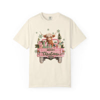 Highland Cow in Pink Truck Merry Christmas Holiday Farmhouse - Comfort Colors | Trendy Women's T-Shirt. Direct to Garment. Printed & Shipped in the USA. Unisex Sizes.