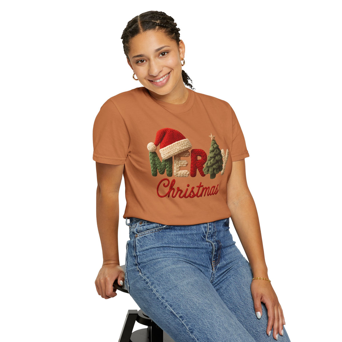 Merry Christmas Faux Yarn w/Santa Hat & Tree - Comfort Colors | Trendy Women's T-Shirt. Direct to Garment. Printed & Shipped in the USA. Unisex Sizes.
