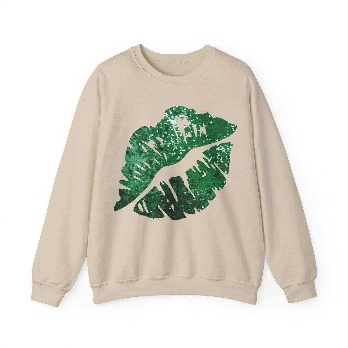 Green Faux Glitter Kiss – Gildan Heavy Blend | Trendy Women’s Soft Sweatshirt. Direct to Garment. Printed & Shipped in the USA. Unisex Sizes.