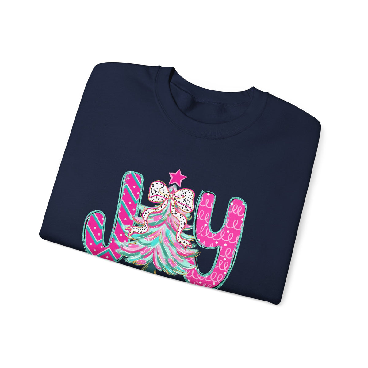 Joy to the World w/Christmas Tree Pink and Teal – Gildan Heavy Blend | Trendy Women’s Soft Sweatshirt. Direct to Garment. Printed & Shipped in the USA. Unisex Sizes.