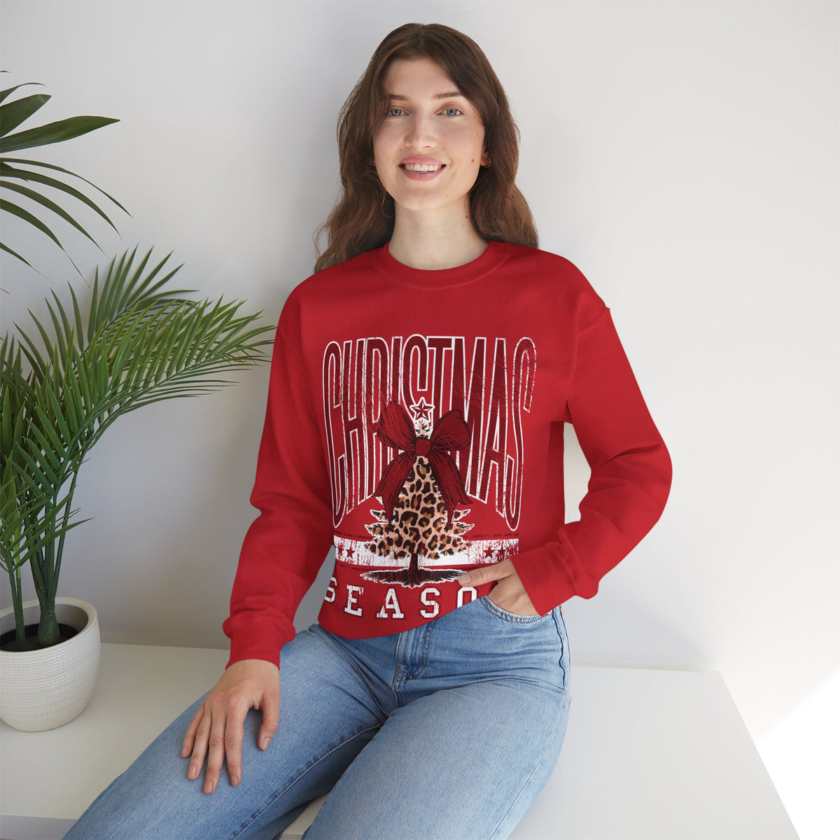 Christmas Season Leopard Tree Distressed – Gildan Heavy Blend | Trendy Women’s Soft Sweatshirt. Direct to Garment. Printed & Shipped in the USA. Unisex Sizes.
