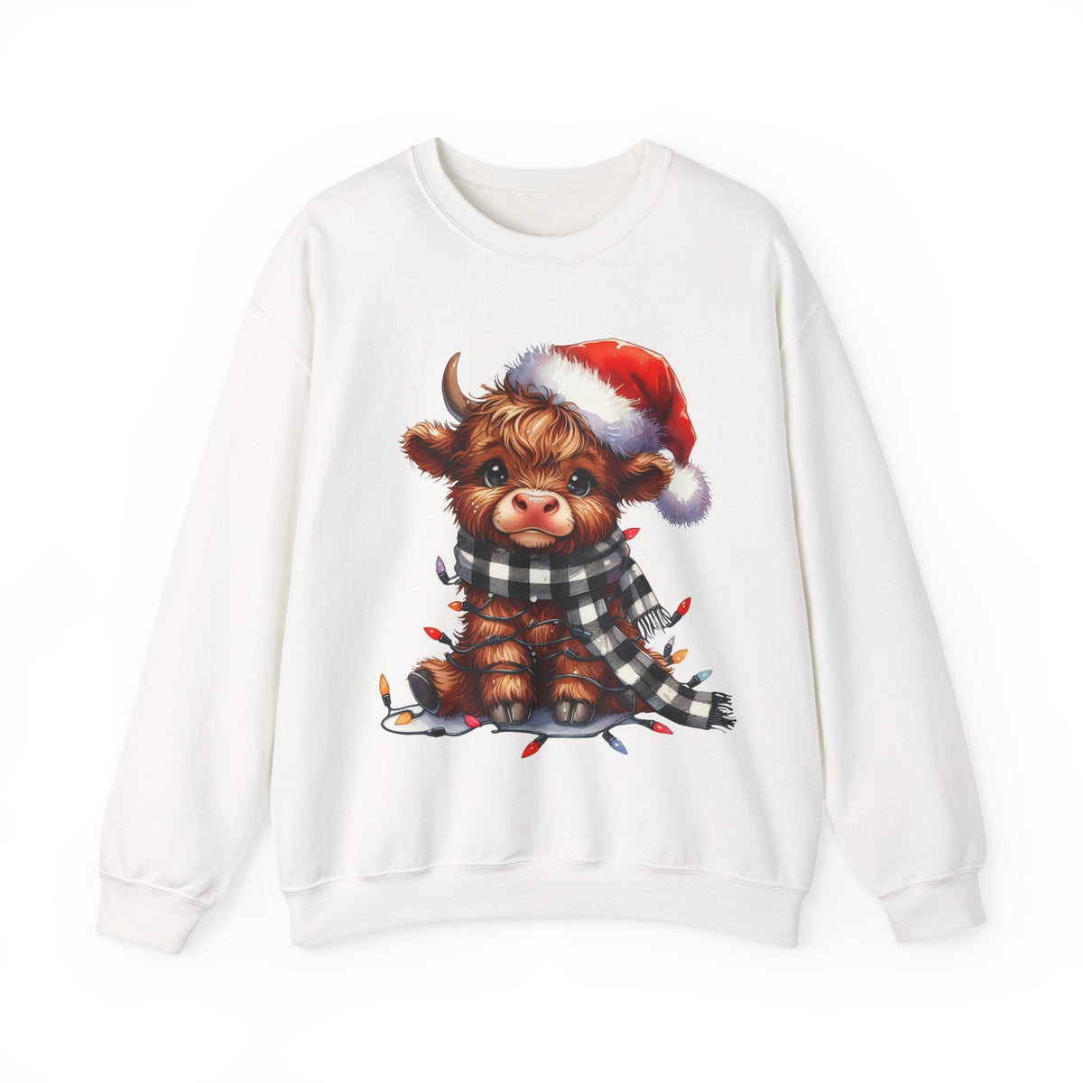 Cute Highland Cow Santa Hat Scarf Christmas Lights – Gildan Heavy Blend | Trendy Women’s Soft Sweatshirt. Direct to Garment. Printed & Shipped in the USA. Unisex Sizes.