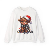 Cute Highland Cow Santa Hat Scarf Christmas Lights – Gildan Heavy Blend | Trendy Women’s Soft Sweatshirt. Direct to Garment. Printed & Shipped in the USA. Unisex Sizes.