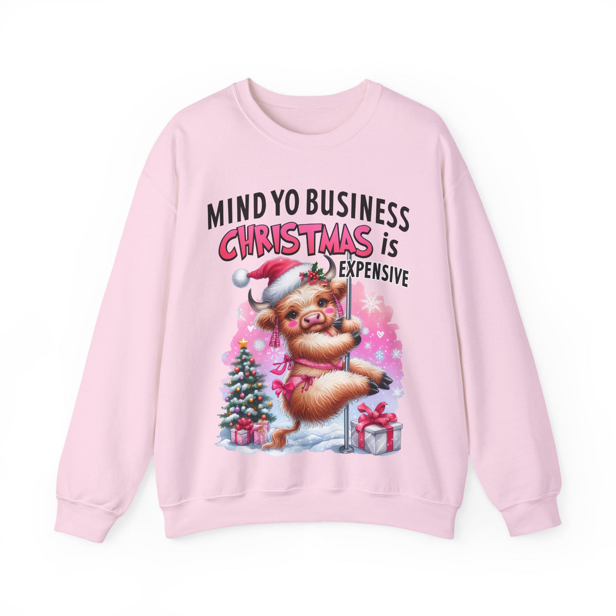 Highland Cow Mind Yo Business Christmas is Expensive – Gildan Heavy Blend | Trendy Women’s Soft Sweatshirt. Direct to Garment. Printed & Shipped in the USA. Unisex Sizes.