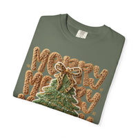 Merry Merry Merry Christmas, Faux Latch Hook Yarn - Comfort Colors | Trendy Women's T-Shirt. Direct to Garment. Printed & Shipped in the USA. Unisex Sizes.