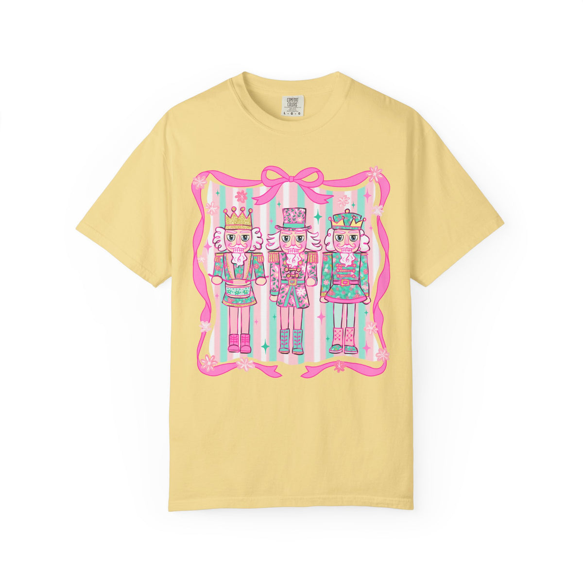 Coquette Pastel Christmas Nutcracker Trio Pink and Green - Comfort Colors | Trendy Women's T-Shirt. Direct to Garment. Printed & Shipped in the USA. Unisex Sizes.