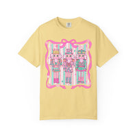 Coquette Pastel Christmas Nutcracker Trio Pink and Green - Comfort Colors | Trendy Women's T-Shirt. Direct to Garment. Printed & Shipped in the USA. Unisex Sizes.