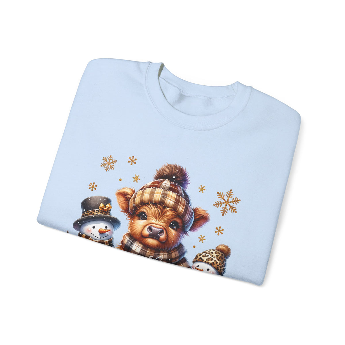 Cute Highland Cow with Snowmen, Winter – Gildan Heavy Blend | Trendy Women’s Soft Sweatshirt. Direct to Garment. Printed & Shipped in the USA. Unisex Sizes.