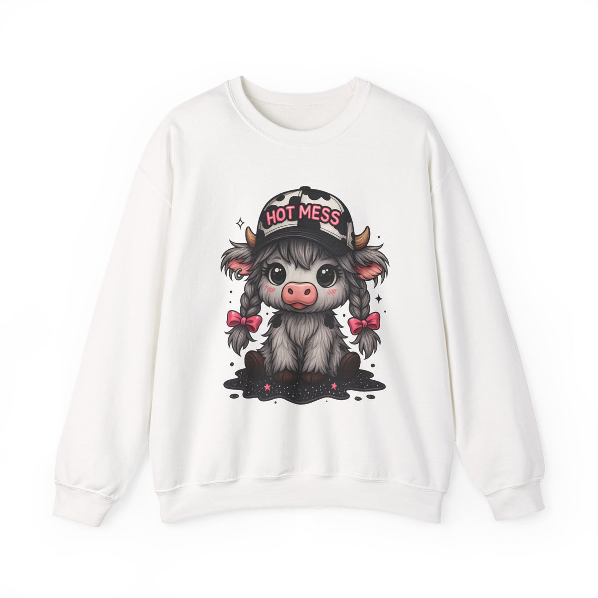 Cute Highland Cow 'Hot Mess' In Braids – Gildan Heavy Blend | Trendy Women’s Soft Sweatshirt. Direct to Garment. Printed & Shipped in the USA. Unisex Sizes.