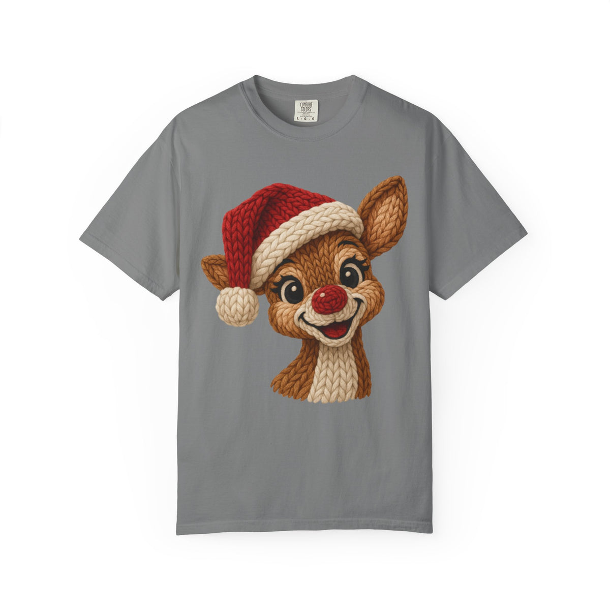 Cute Rudolph Faux Knit Look Reindeer w/Santa Hat - Comfort Colors | Trendy Women's T-Shirt. Direct to Garment. Printed & Shipped in the USA. Unisex Sizes.