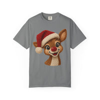 Cute Rudolph Faux Knit Look Reindeer w/Santa Hat - Comfort Colors | Trendy Women's T-Shirt. Direct to Garment. Printed & Shipped in the USA. Unisex Sizes.