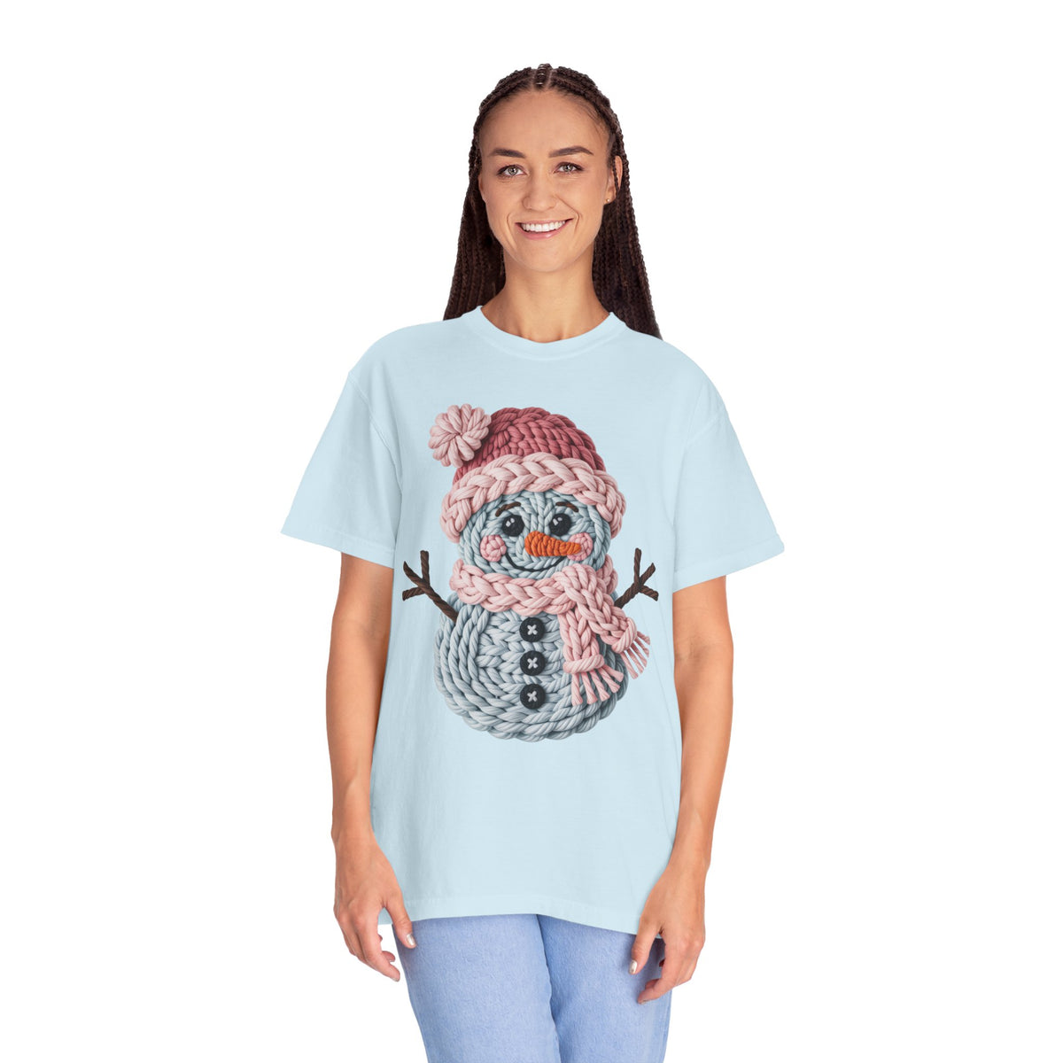 Cute Yarn Snowman - Pink Scarf - Comfort Colors | Trendy Women's T-Shirt. Direct to Garment. Printed & Shipped in the USA. Unisex Sizes.