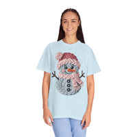 Cute Yarn Snowman - Pink Scarf - Comfort Colors | Trendy Women's T-Shirt. Direct to Garment. Printed & Shipped in the USA. Unisex Sizes.