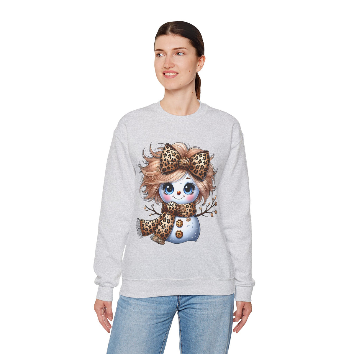 Snowgirl Cute Leopard Bow Snowman, Winter Cozy – Gildan Heavy Blend | Trendy Women’s Soft Sweatshirt. Direct to Garment. Printed & Shipped in the USA. Unisex Sizes.