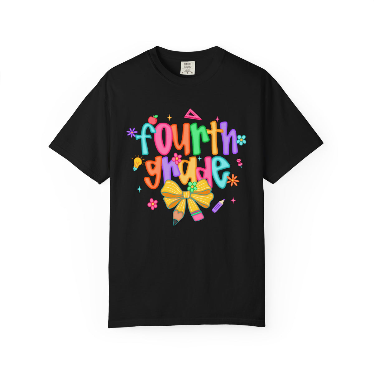 Coquette Fourth Grade Pencil Bow - Comfort Colors | Trendy Women's T-Shirt. Direct to Garment. Printed & Shipped in the USA. Unisex Sizes.