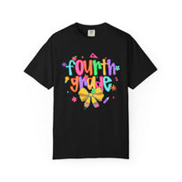 Coquette Fourth Grade Pencil Bow - Comfort Colors | Trendy Women's T-Shirt. Direct to Garment. Printed & Shipped in the USA. Unisex Sizes.