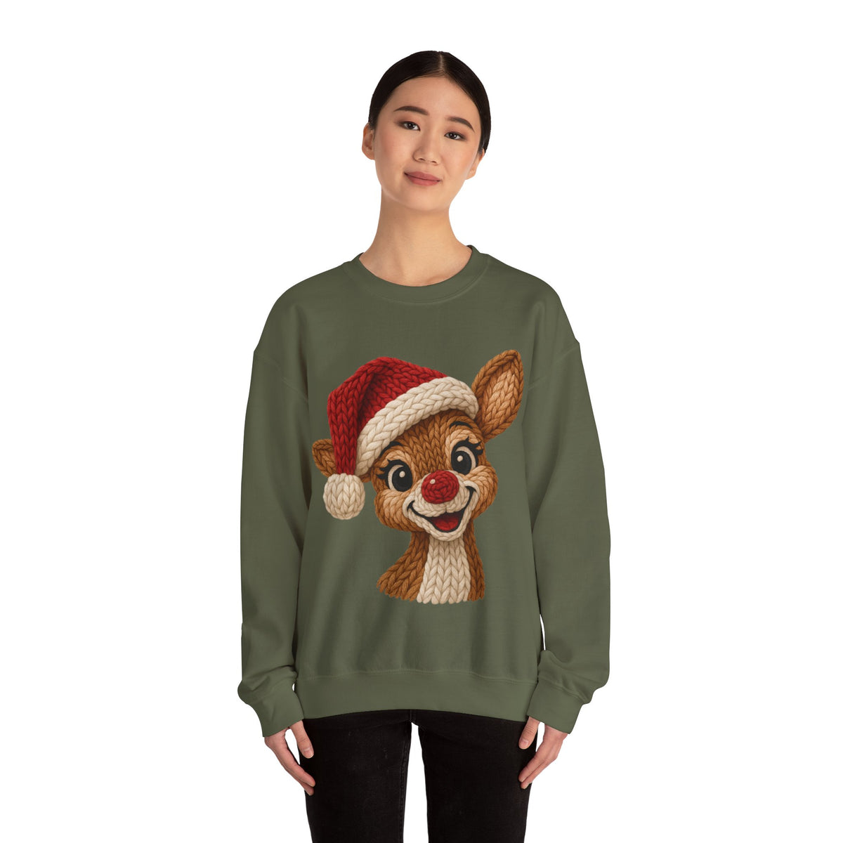 Cute Rudolph Faux Knit Look Reindeer w/Santa Hat – Gildan Heavy Blend | Trendy Women’s Soft Sweatshirt. Direct to Garment. Printed & Shipped in the USA. Unisex Sizes.
