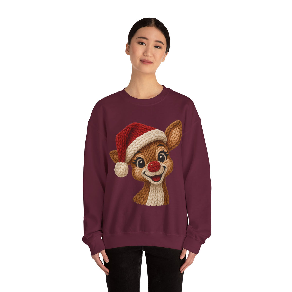 Cute Rudolph Faux Knit Look Reindeer w/Santa Hat – Gildan Heavy Blend | Trendy Women’s Soft Sweatshirt. Direct to Garment. Printed & Shipped in the USA. Unisex Sizes.