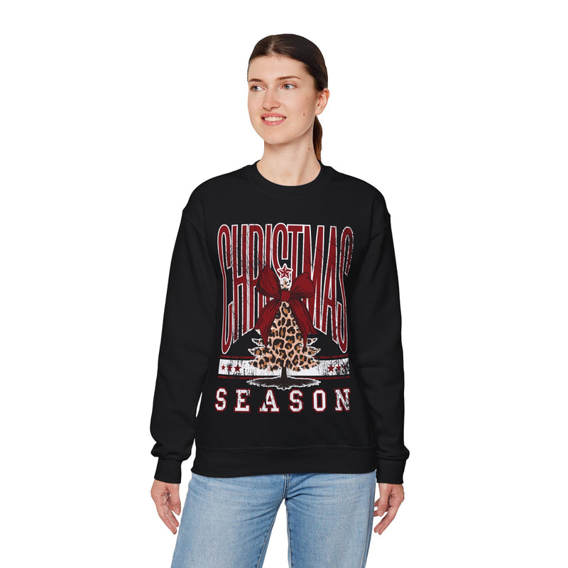 Christmas Season Leopard Tree Distressed – Gildan Heavy Blend | Trendy Women’s Soft Sweatshirt. Direct to Garment. Printed & Shipped in the USA. Unisex Sizes.