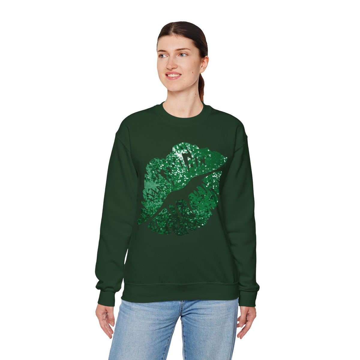 Green Faux Glitter Kiss – Gildan Heavy Blend | Trendy Women’s Soft Sweatshirt. Direct to Garment. Printed & Shipped in the USA. Unisex Sizes.