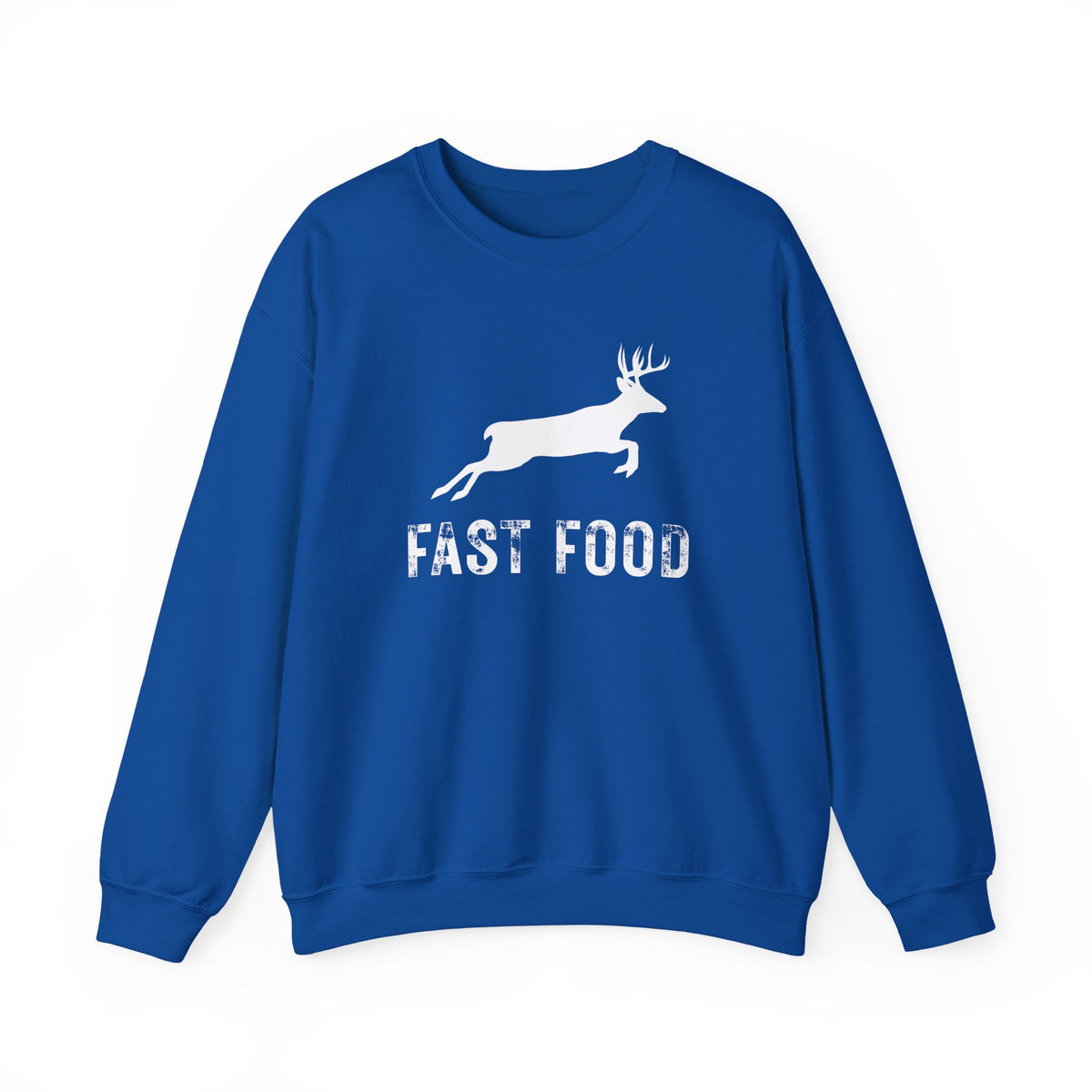 Fast Food Deer Hunting Humor Distressed – Gildan Heavy Blend | Trendy Men's and Women’s Soft Sweatshirt. Direct to Garment. Printed & Shipped in the USA. Unisex Sizes.