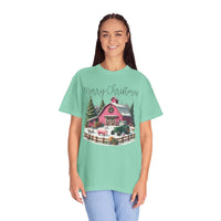 Merry Christmas Pink Barn Farm Animals - Comfort Colors | Trendy Women's T-Shirt. Direct to Garment. Printed & Shipped in the USA. Unisex Sizes.