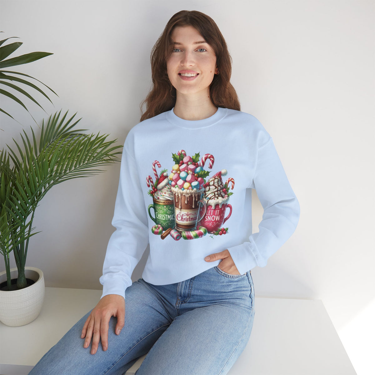 Hot Chocolate Mugs Christmas Hot Cocoa – Gildan Heavy Blend | Trendy Women’s Soft Sweatshirt. Direct to Garment. Printed & Shipped in the USA. Unisex Sizes.