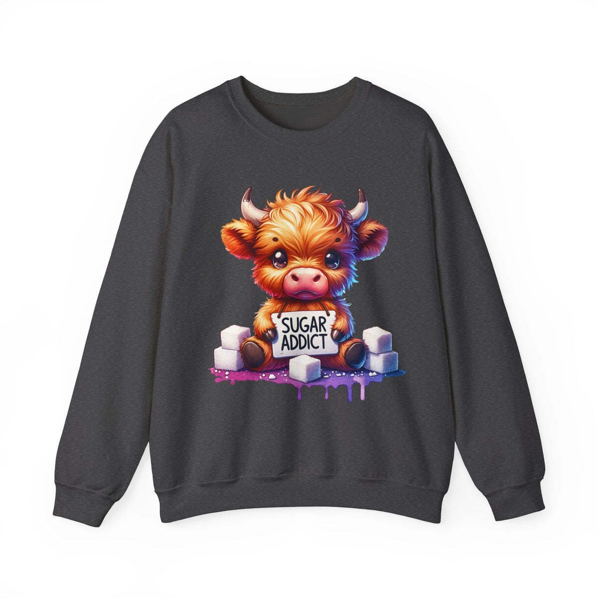 Sugar Addict Highland Cow – Gildan Heavy Blend | Trendy Women’s Soft Sweatshirt. Direct to Garment. Printed & Shipped in the USA. Unisex Sizes.