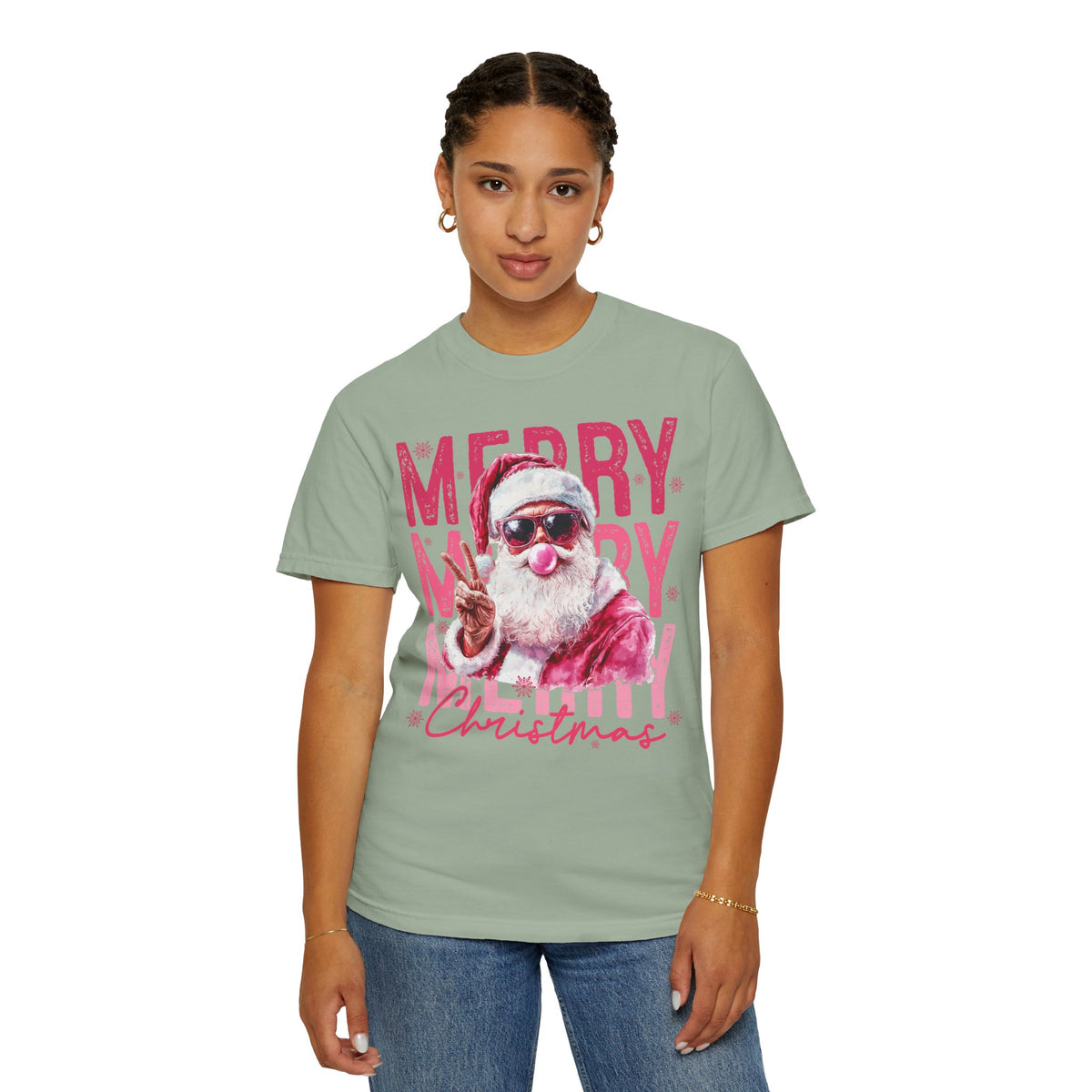 Pink Merry Christmas Bubblegum Santa - Comfort Colors | Trendy Women's T-Shirt. Direct to Garment. Printed & Shipped in the USA. Unisex Sizes.