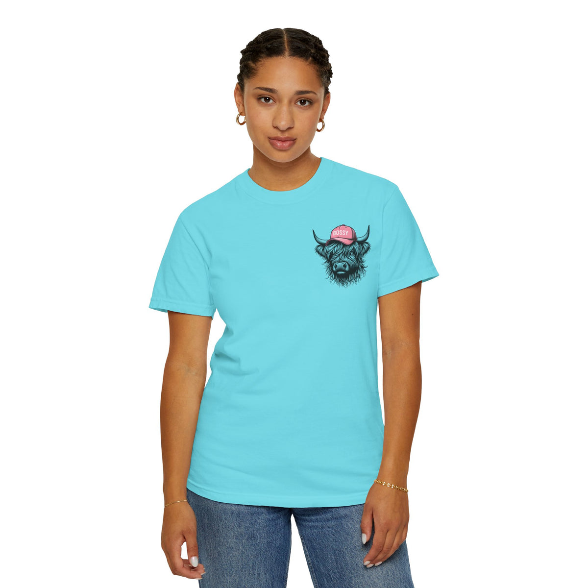 Head Heffa Highland Cow, Front & Back Print - Comfort Colors | Trendy Women's T-Shirt. Direct to Garment. Printed & Shipped in the USA. Unisex Sizes.