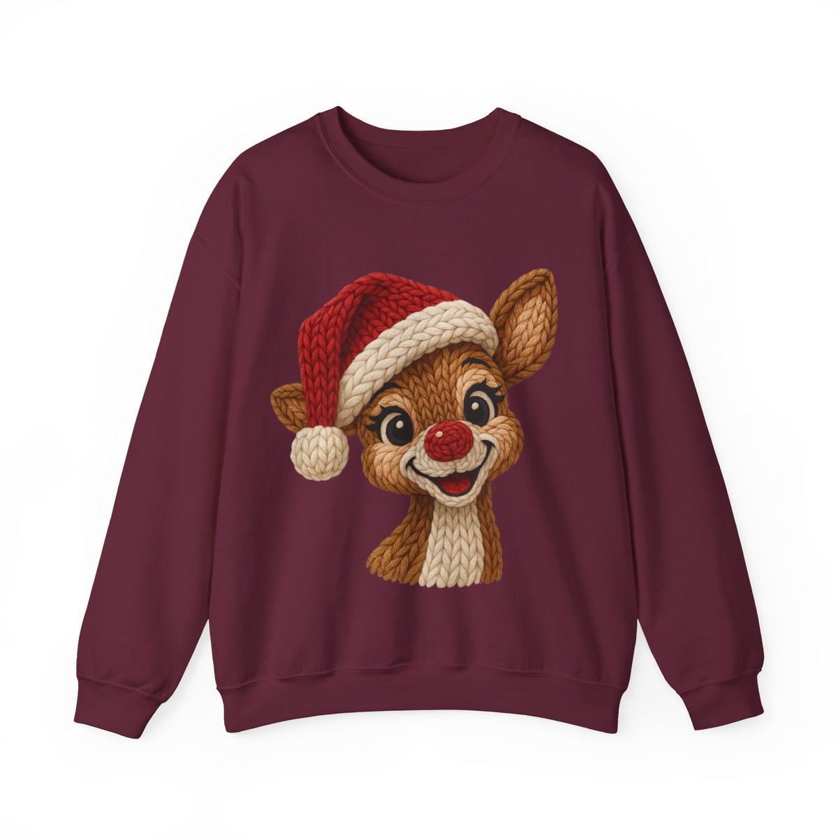 Cute Rudolph Faux Knit Look Reindeer w/Santa Hat – Gildan Heavy Blend | Trendy Women’s Soft Sweatshirt. Direct to Garment. Printed & Shipped in the USA. Unisex Sizes.