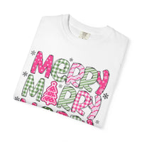 Merry Merry Merry Christmas, Festive Candy Cane & Pink and Green Plaid - Comfort Colors | Trendy Women's T-Shirt. Direct to Garment. Printed & Shipped in the USA. Unisex Sizes.