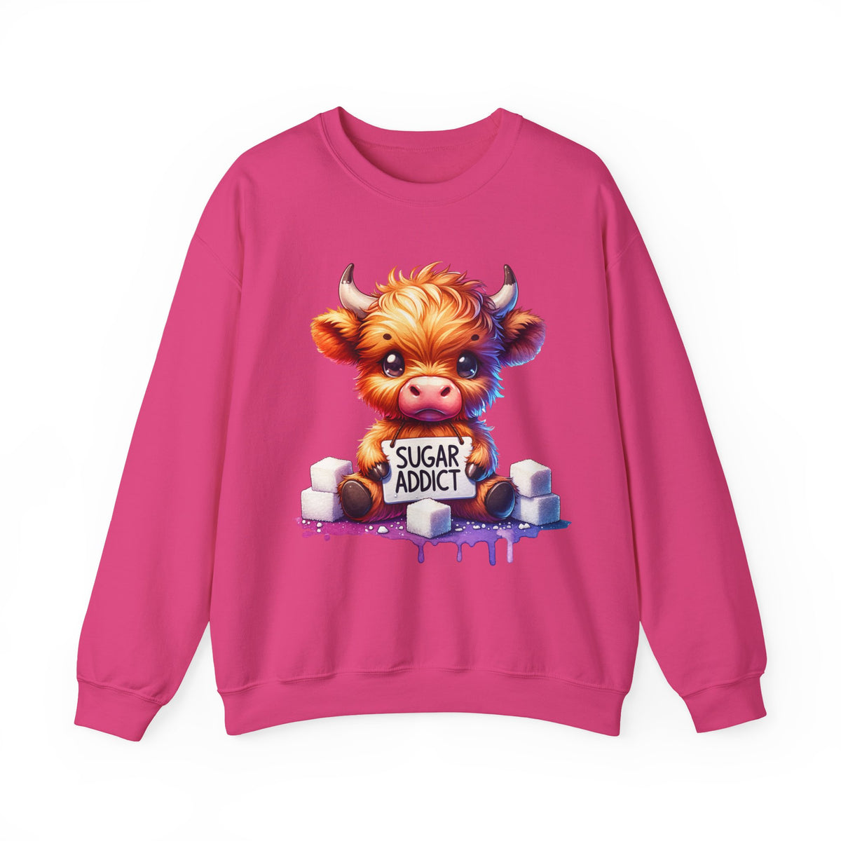 Sugar Addict Highland Cow – Gildan Heavy Blend | Trendy Women’s Soft Sweatshirt. Direct to Garment. Printed & Shipped in the USA. Unisex Sizes.
