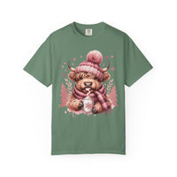Cozy Highland Cow, Winter Coffee Mug & Scarf - Comfort Colors | Trendy Women's T-Shirt. Direct to Garment. Printed & Shipped in the USA. Unisex Sizes.