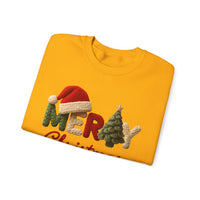 Merry Christmas Faux Yarn w/Santa Hat & Tree – Gildan Heavy Blend | Trendy Women’s Soft Sweatshirt. Direct to Garment. Printed & Shipped in the USA. Unisex Sizes.