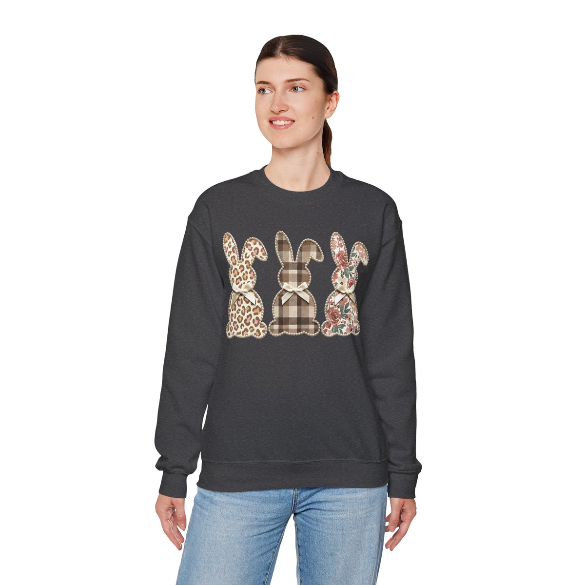 Easter Bunny Trio, Leopard, Plaid & Floral - Faux Pearl Outline – Gildan Heavy Blend | Trendy Women’s Soft Sweatshirt. Direct to Garment. Printed & Shipped in the USA. Unisex Sizes.
