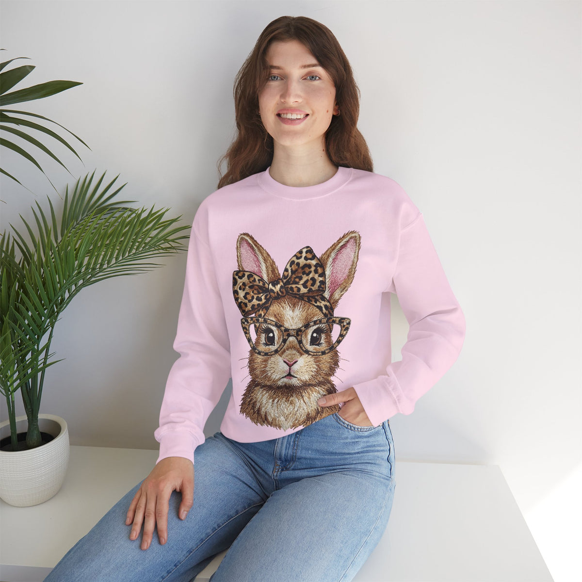 Bunny with Leopard Glasses and Bow – Gildan Heavy Blend | Trendy Women’s Soft Sweatshirt. Direct to Garment. Printed & Shipped in the USA. Unisex Sizes.