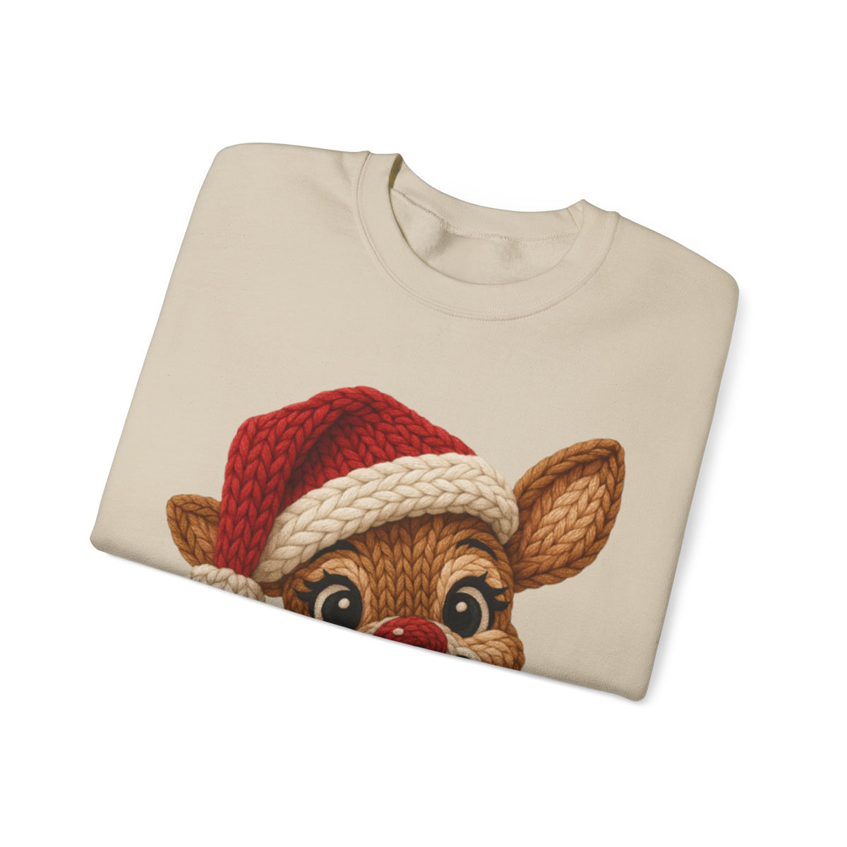Cute Rudolph Faux Knit Look Reindeer w/Santa Hat – Gildan Heavy Blend | Trendy Women’s Soft Sweatshirt. Direct to Garment. Printed & Shipped in the USA. Unisex Sizes.