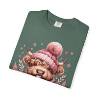 Cozy Highland Cow, Winter Coffee Mug & Scarf - Comfort Colors | Trendy Women's T-Shirt. Direct to Garment. Printed & Shipped in the USA. Unisex Sizes.