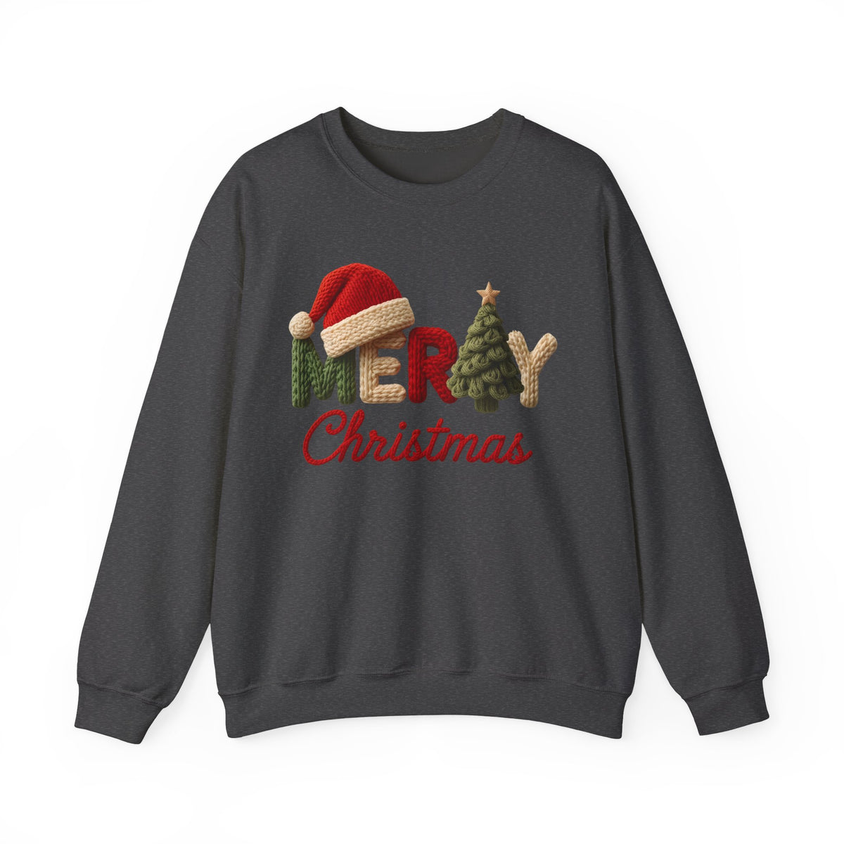Merry Christmas Faux Yarn w/Santa Hat & Tree – Gildan Heavy Blend | Trendy Women’s Soft Sweatshirt. Direct to Garment. Printed & Shipped in the USA. Unisex Sizes.