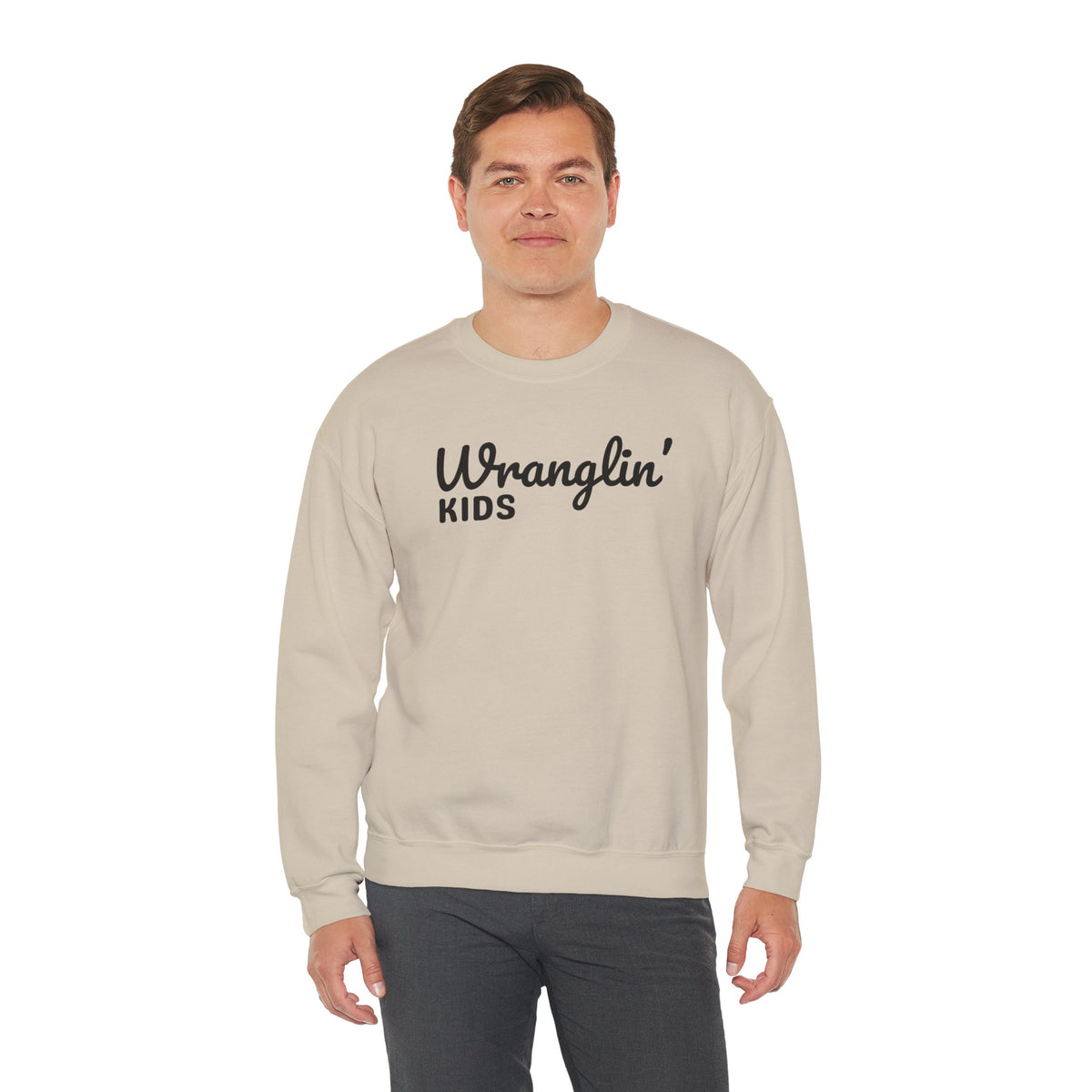 Wranglin' Kids Funny Mom Dad – Gildan Heavy Blend | Trendy Women’s and Men's Soft Sweatshirt. Direct to Garment. Printed & Shipped in the USA. Unisex Sizes.